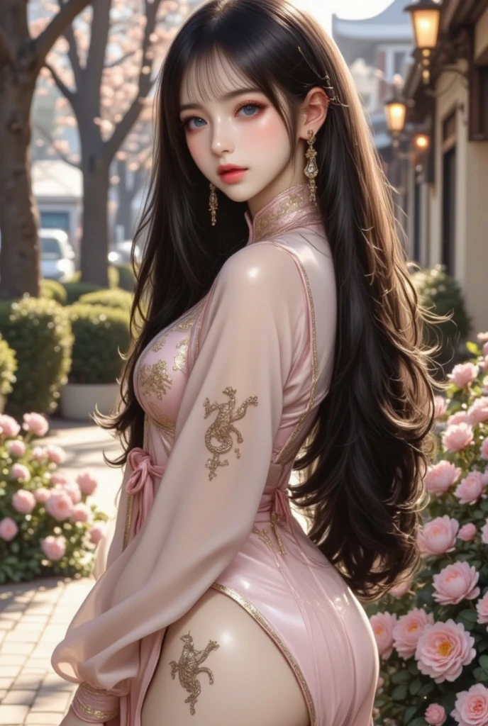 a beautiful anime girl with long purple hair, hourglass figure, intricate detailed face, beautiful detailed eyes, beautiful detailed lips, extremely detailed facial features, delicate facial expressions, wearing a colorful dress, detailed clothing folds and textures, outdoor garden scene with flowers, detailed foliage, sunlight, warm color tones, masterpiece, 8k, high quality, photorealistic, vibrant colors, cinematic lighting