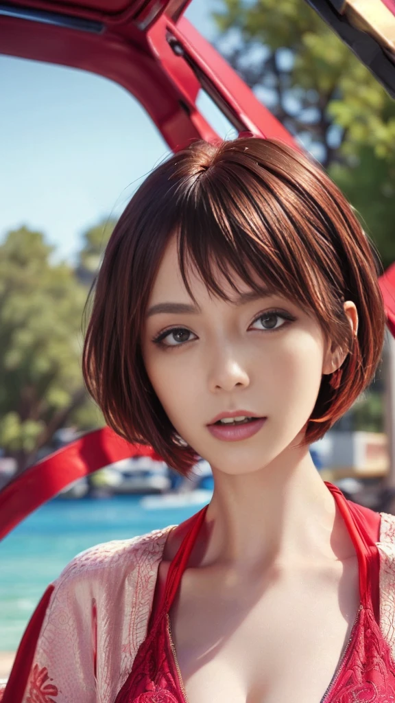 (masterpiece:1.3), (8k, Photorealistic, RAW Photos, Best image quality: 1.4), Japanese, (1 girl), Beautiful Face, (A vivid face), (short hair:1.3), Beautiful hairstyle, Realistic eyes, Beautiful Eyes, (real skin), Beautiful Skin, charm, 超A high resolution, Surreal, Attention to detail, Golden Ratio, Detail Makeup,Seeing the viewer,I can see her big cleavage、Flower pattern Japanese 浴衣、Fair Day Festival、Shaved pubic hair、((Full body portrait))