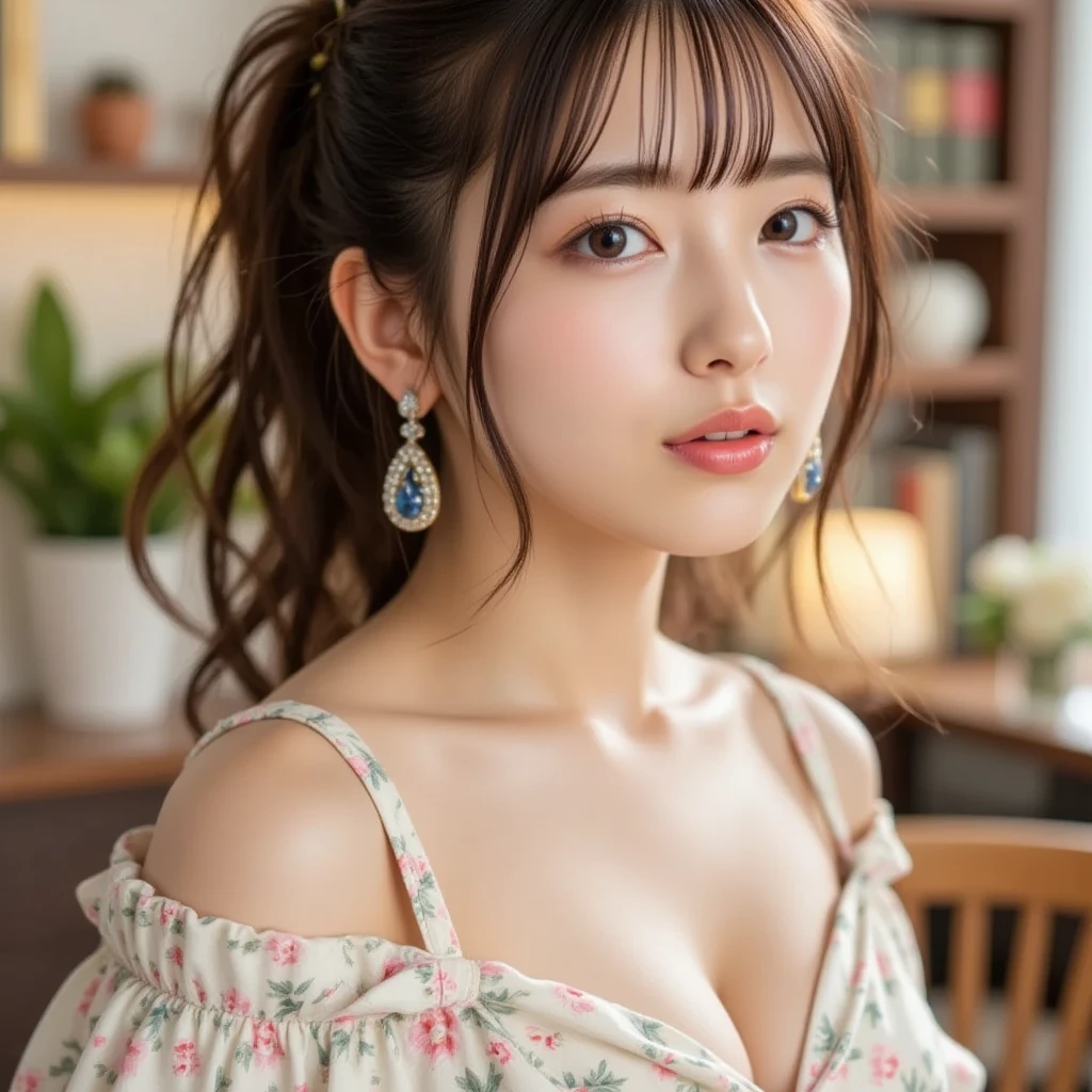 Masterpiece, ultra-detailed, a woman preparing to kiss in a hotel room, beauty personified, voluptuous, curvy succubus named Hana Haruna, chubby figure of a gravure idol, body measurement of 100-70-90 cm, long hair cascading down to her shoulders with straight bangs framing her face, braid, full and glossy lips, clad in a coral floral dress, sunlight illuminating her glossy skin, tanned skin, soft and warm indirect light gently kissing her features. Cinematic and captivating. Picture is taken from below, extreme close up of her face and cleavage from the side