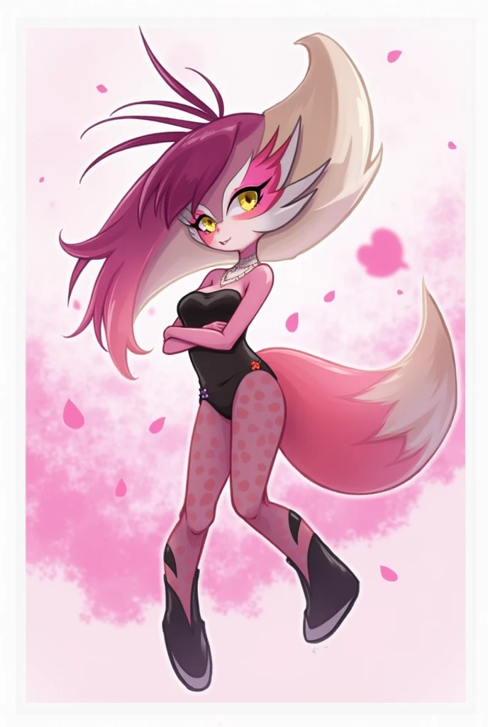 solo,gardevoir,pink hair,annoyed,purple eyes,cyancapsule,forest,pink skin,outside,grasslands,flat_color,in spring,nature,field,colourful glass,kind_smile,black and pink bodysuit,skin tight,shiny,<lora:GardevoirYiffy:0.8>,