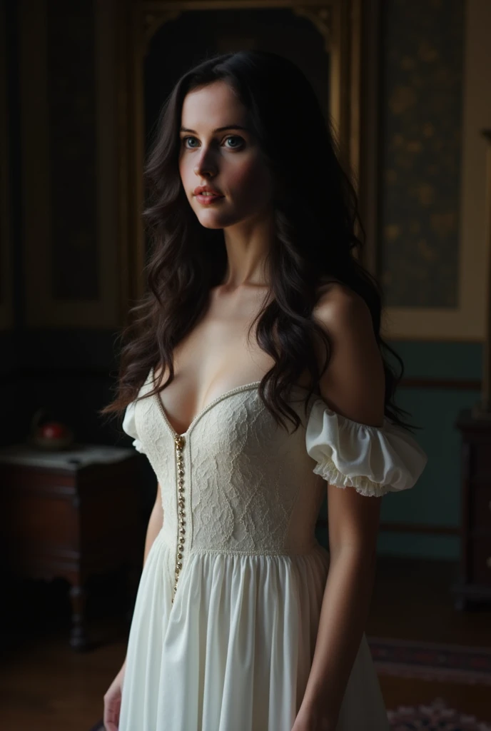 A young Milla Jovovich with long black hair, wearing an 18th century dress