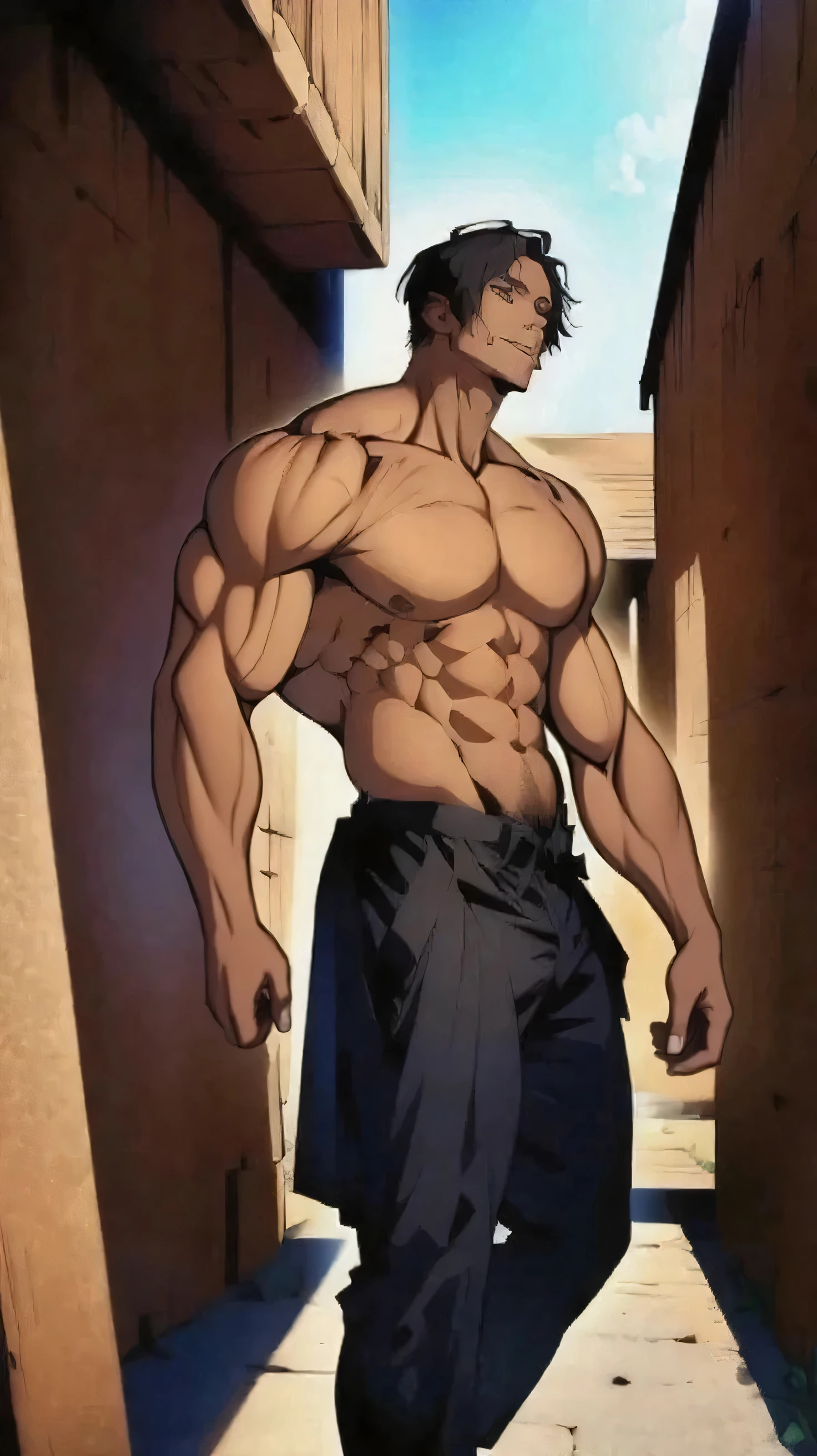 1boy, male focus, muscular shirtless body, blue eyes, white short straight hair, Gojo Satoru, Jujutsu Kaisen. anime, hot, best quality