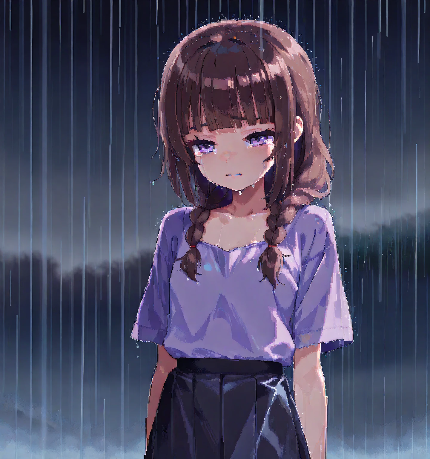 detailed illustration, dynamic angle, ultra-detailed, illustration, 1girl, 18 year old, school girl, wavy brown hair, long hair, bright brown eyes, shocked look, wide eyes, amazed eyes, blush, flush, surprised, standing, outside, backyard, rainstorm, nighttime, looking down at ground, sad, under a tree, tears, wet hair, wet clothes, white shirt, brown skirt