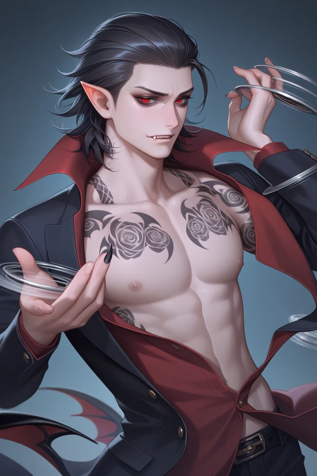 "character description: mischievous and carefree half-demon and half-shapeshifter with short black and purple hair, grey eyes, and a well-groomed beard, he is well built and muscular however he is on the slender side"