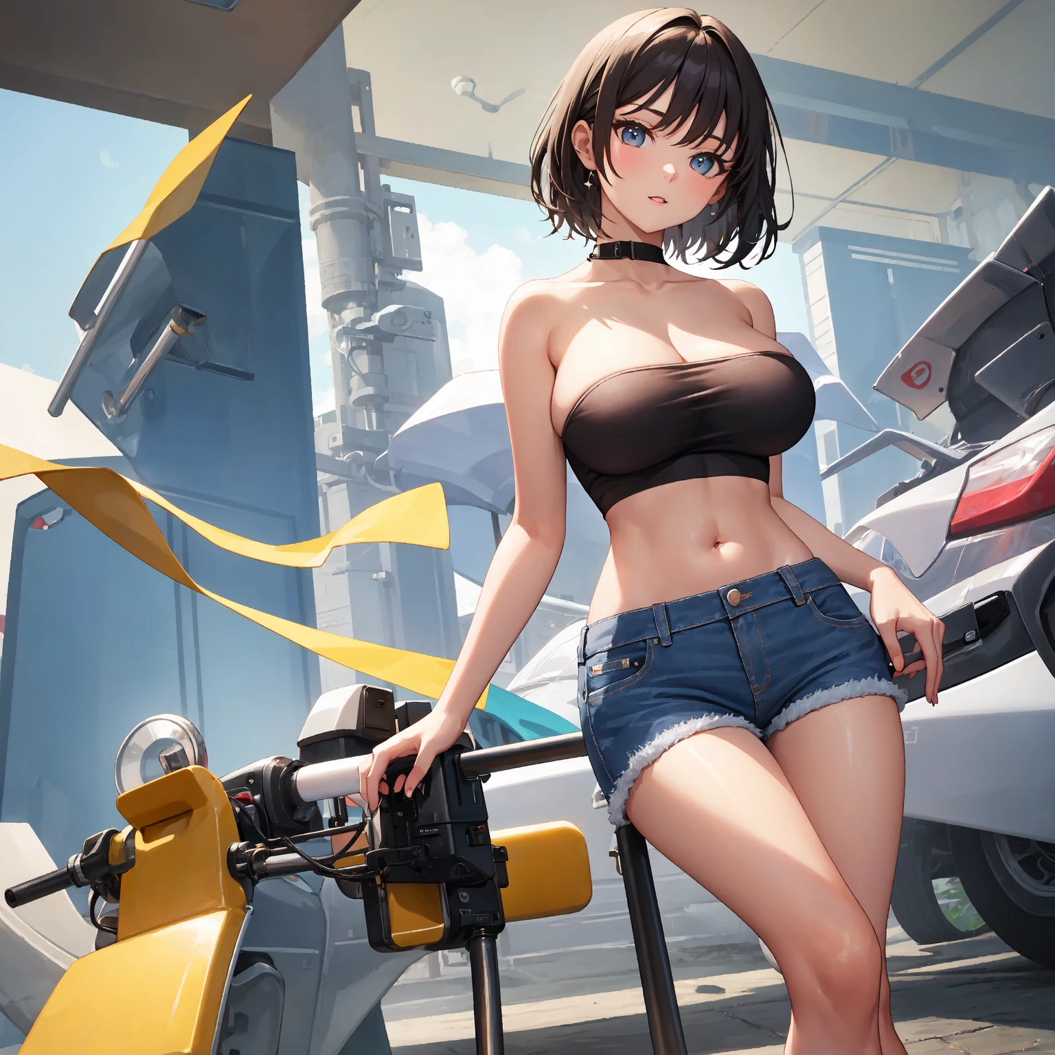A sexy woman dressed in revealing lingerie, posing on a bulldozer that is at an active construction site

