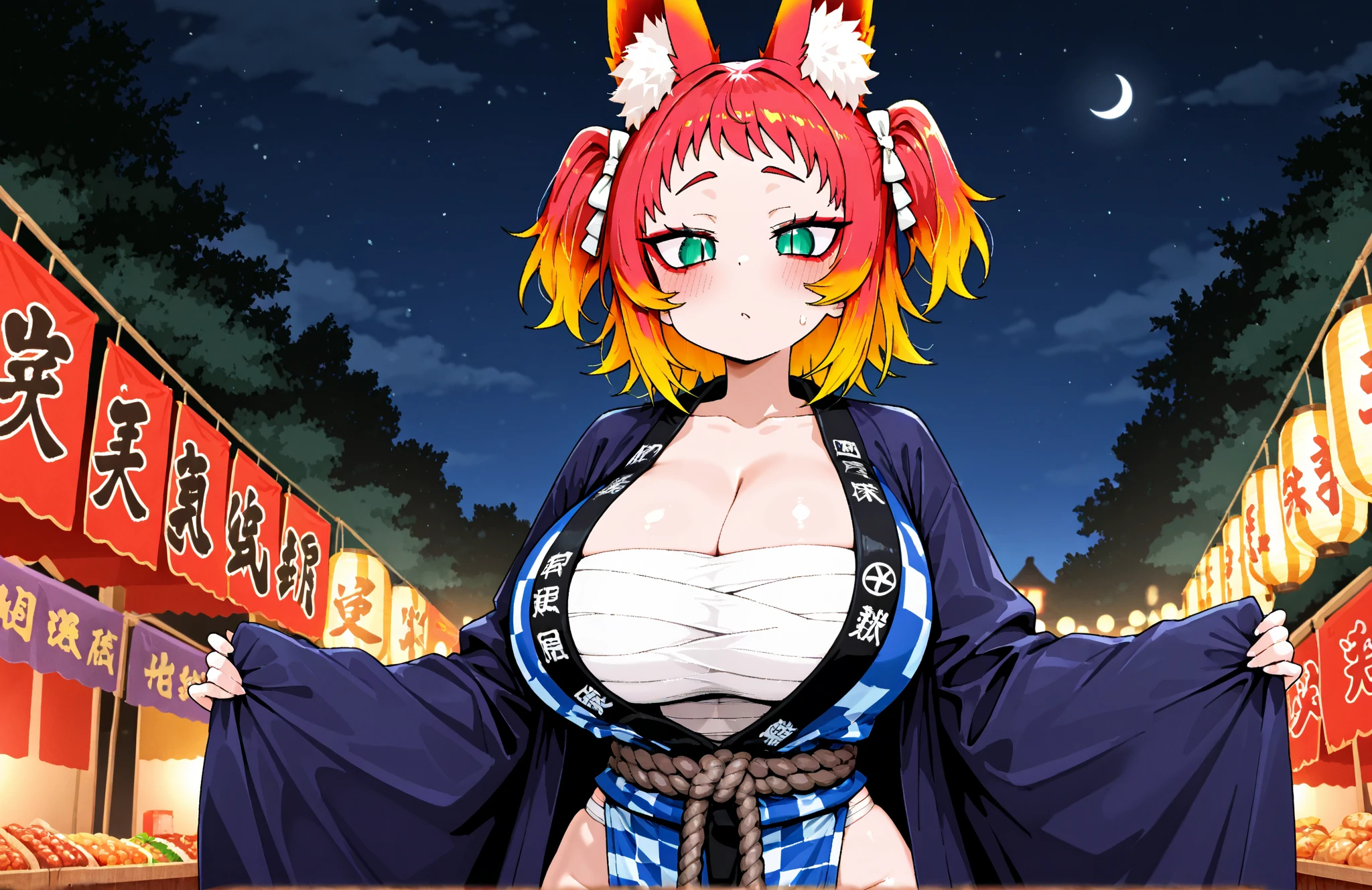 The Helpful Fox Senko-san (fox girl:1.2), (solo:1.2), (pixiv masterpiece:1.2), (wakusho kimono:1.2), (medieval fantasy town:1.0), (huge tits:1.2)