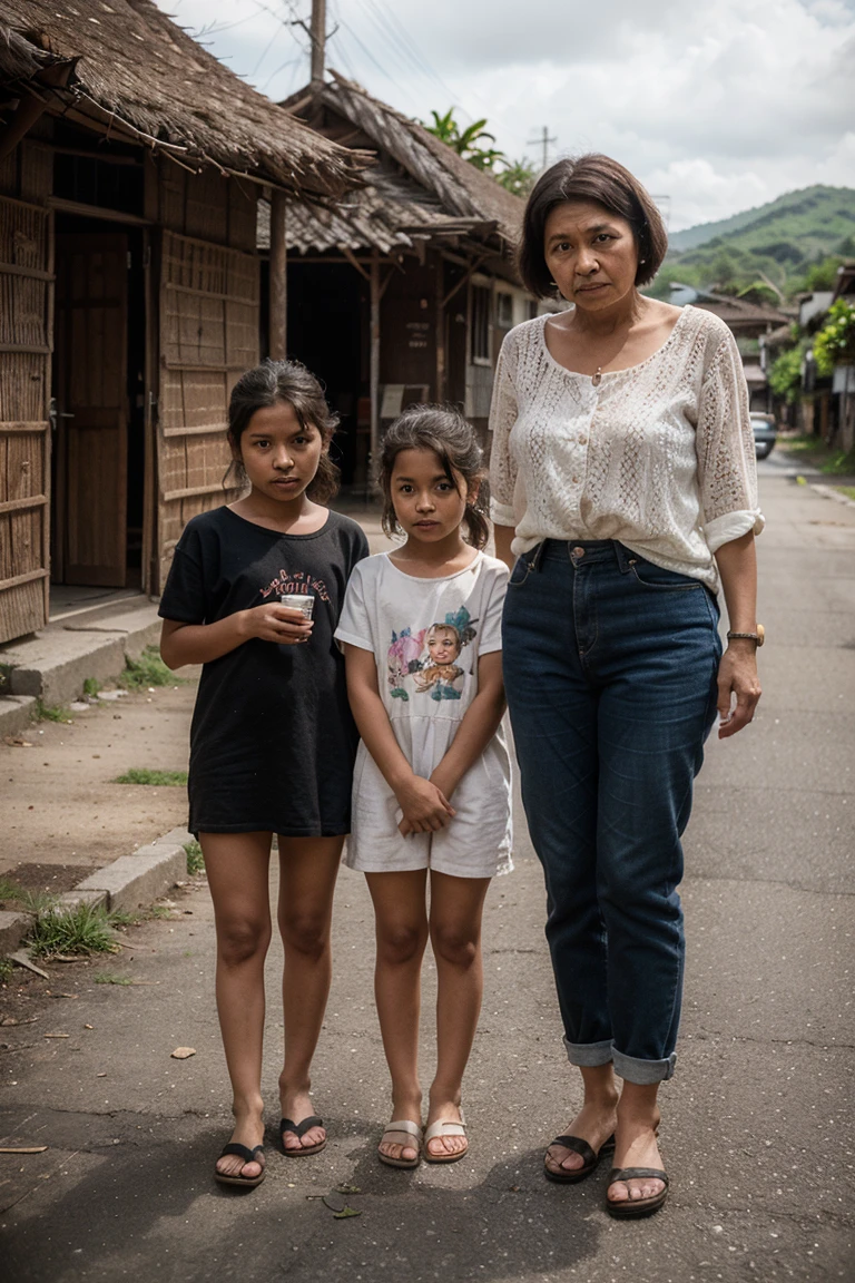 A depiction of a Filipino family in a rural area struggling with poverty, juxtaposed with images of urban poverty.