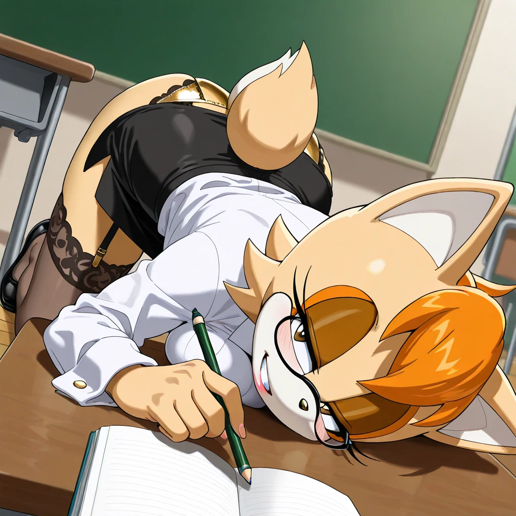 score_9, score_8_up, score_7_up, score_6_up, score_5_up, score_4_up, rating_safe, source_furry, a female anthro fluffy, 1girl, solo, female, anthro, fluffy tail, small breasts, tiger, striped fur, yellow eyes, anthro, a tiger girl in black high stockings and white glasses lying on the table, chalkboard, thighhighs, skirt, clothes lift, glasses, skirt lift, furry, furry female, black thighhighs, lifted by self, black skirt, looking at viewer, shirt, classroom, white shirt, round eyewear, from behind, dat ass, thick thighs, thick lines, lewd expression, shy, blush, light smile, pussy, pussy juice, spreading butt, slightly gaping pussy, (looking pleasured:1.2), cum in pussy, cum from pussy, anus, (on the table:1.2), goth makeup, pierced ears, twistedscarlett, whisperfoot style,