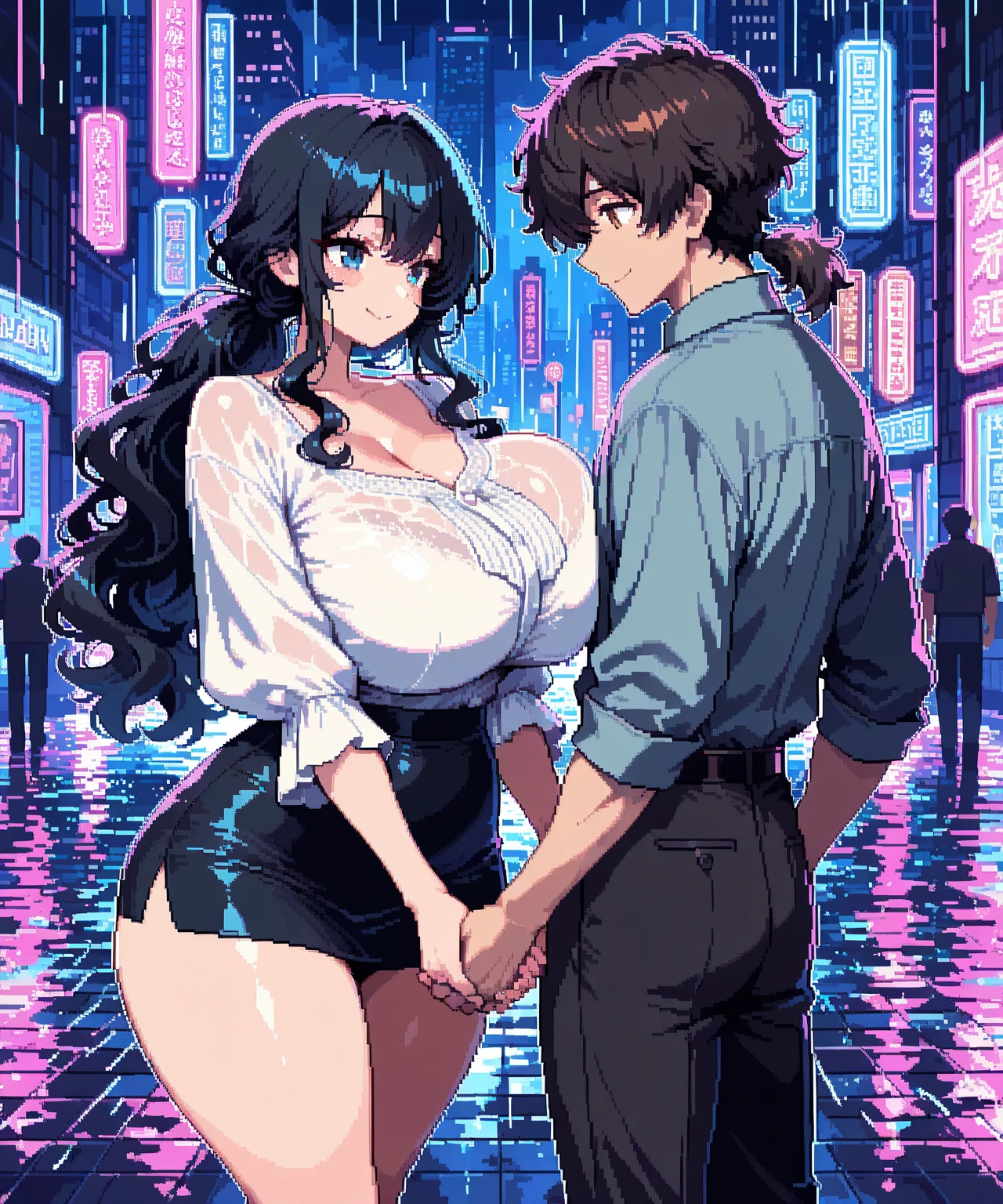 (1girl:1.5), (1boy:1.5), (masterpiece:1.37), best quality, (extremely detailed:1.37), woman, adult, mature, large breasts, (very long hair:1.5), dark purple hair, purple eyes, (extremely detailed eyes:1.37), white hoodie, multicolored hoodie, light blue hoodie, futuristic hoodie, jeans, (desperation:2.0), (wetting: self 3.0), standing, embarrassed, humiliation, blushing, angry, city, futuristic, neon lighting, high-tech, full body
