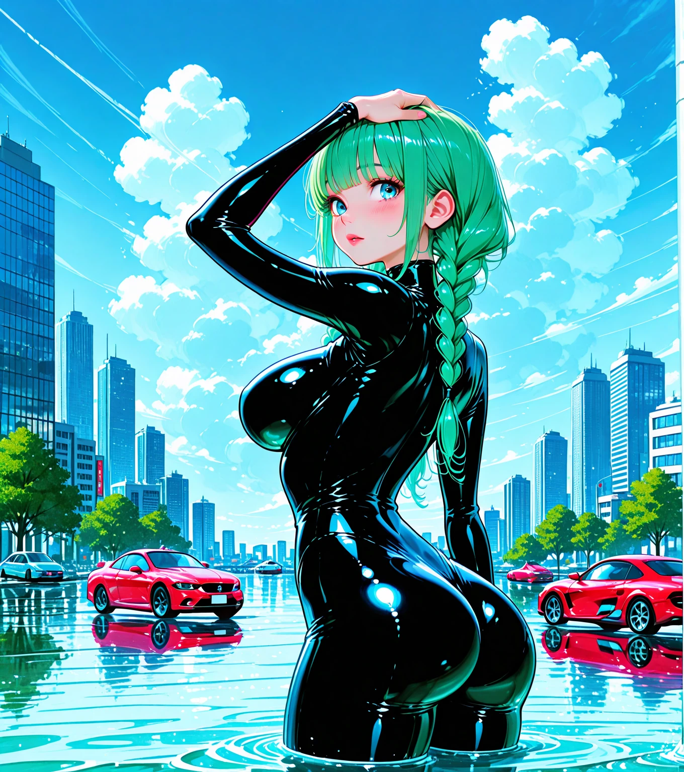 A beautiful girl wearing a slime bodysuit that fits snugly up to her neck.（20th Generation）Slime completely covers the whole body