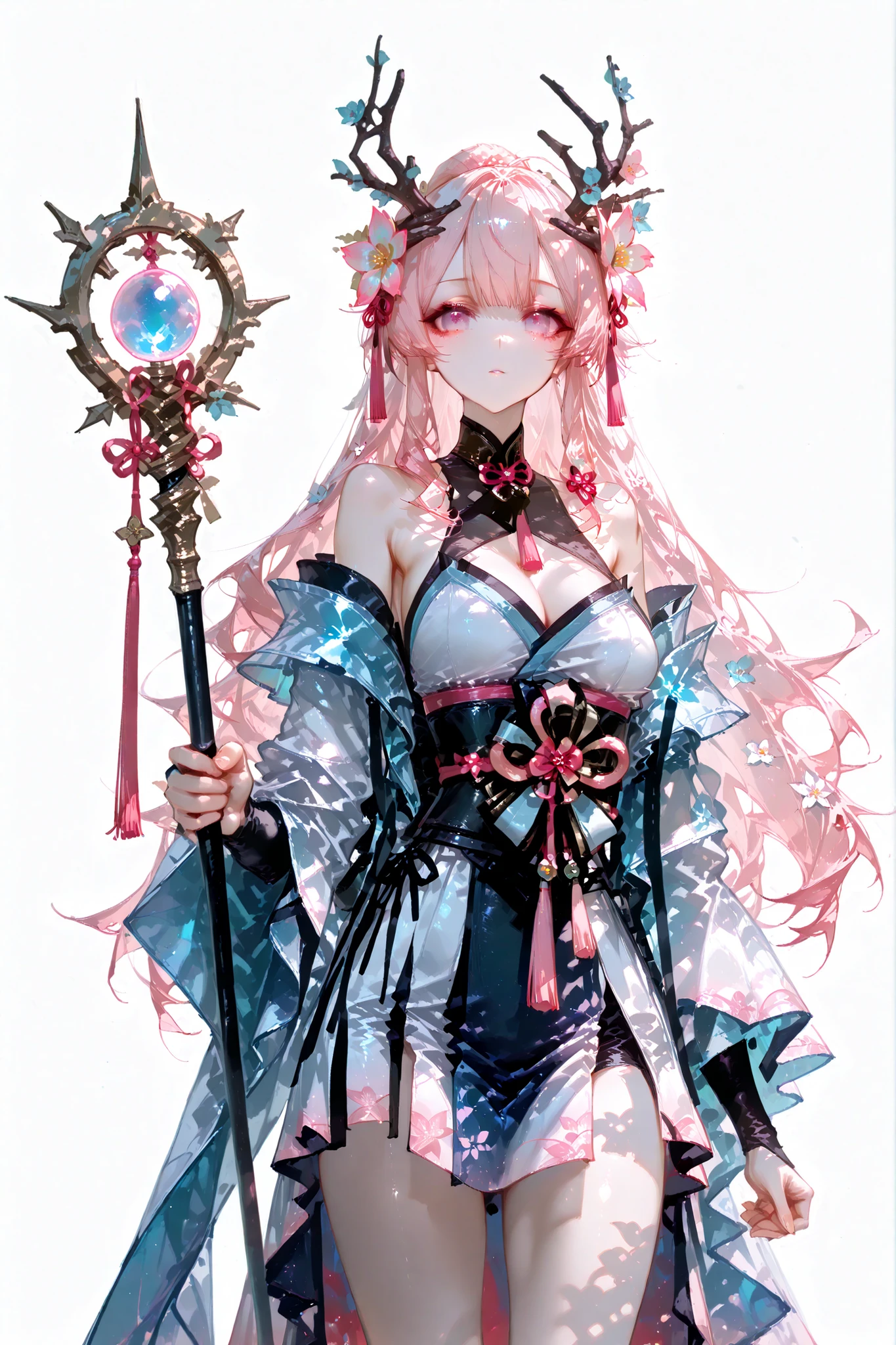 [artist:Sooo much:0.65,   artist:quasarcake:0.8, artist:wanke:0.6,] 
1 girl, One,spirit blossom the lily, looks at the viewer, antlers, bare shoulders, hair flower,  medium breasts, staff, , cenoid, Cowboy shot, simple background, white background, 
masterpiece, better quality, amazing quality, [[very aesthetically pleasing]], < Laura :spirit_blossom_the lily:1>