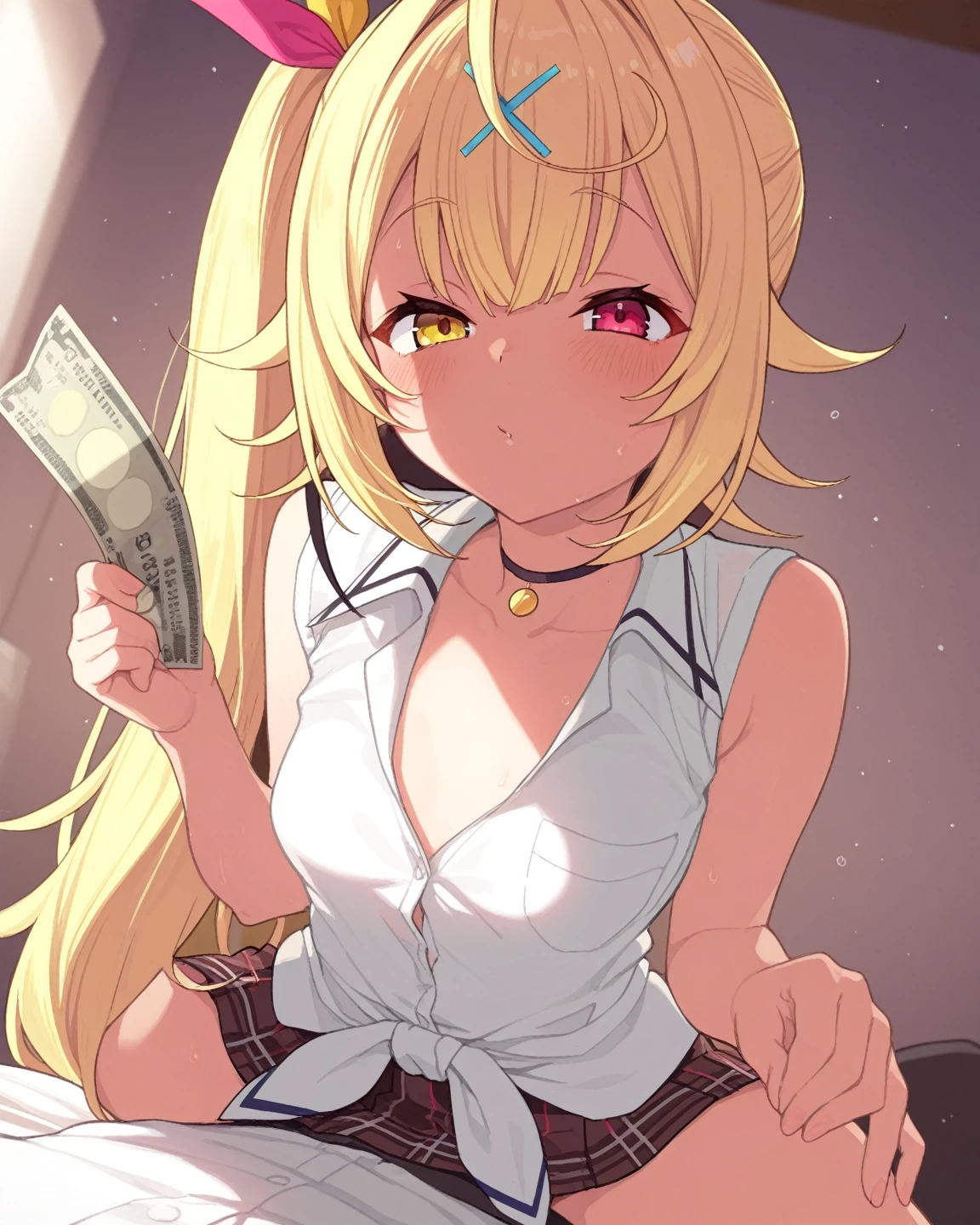 best quality, masterpiece, super high resolution, perfect anatomy, 1girl, blonde hair, long hair, hair_behind_ear, parted_bangs, single sidelock, short bangs, purple eyes, medium breasts, teenage, b:86cm, W:55cm, H:83cm, absurdes, sundress, looking at viewer, grin, holding money