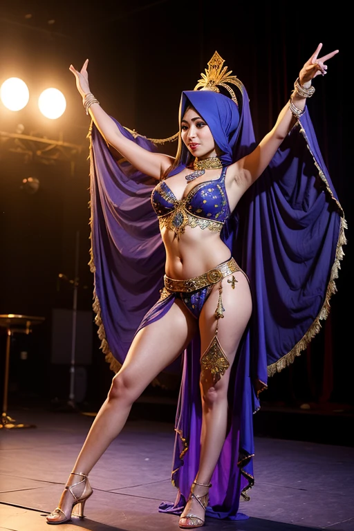 Arab woman wearing golden transparent gauze with transparent veil and pink scarf, beautiful costume, high quality costume, exquisite rendering, belly dance, elegant belly dance pose, exotic costume, high quality theatrical costume, she dressed up as belly dancer, Arab princess, jewelry costume, stockings, costume, costume design, Arabian inspiration, fair skin, delicate face shape, stage