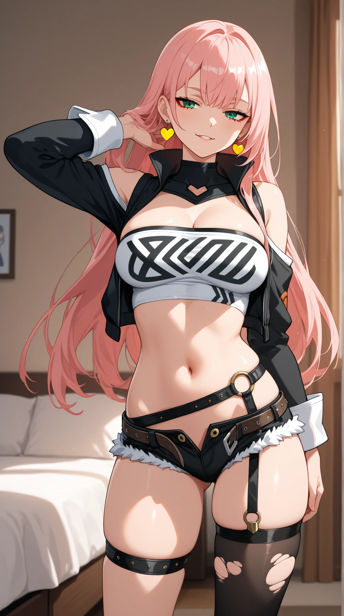(masterpiece:1.4,_best_quality), masterpiece_illustration, simple_background, sharp_focus, beautiful_detailed_eyes, beautiful_detailed_eyelashes, 1girl, solo, green_eyes, pink_hair, long_hair, very_long_hair, ((twintails)), bangs, hair_ornament, hairclip, breasts, huge_breasts, cleavage, crop_top, detached_sleeves, multi_colored_nails, nail_art, nail_polish, navel, short_shorts, shorts, stuffed_animal, stuffed_toy, thigh_strap, thighhighs, thighs, belt, bare_shoulders, nicoledemarazzz