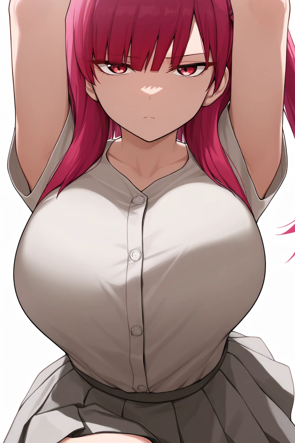 girl wearing a shirt but it doesn't fit because she has big breasts, anime style, blushing girl