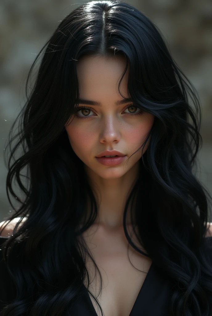A white woman with long, wavy black hair, his eyes were serious and seductive, His lips were a little serious but he seemed to want to smile. She wore a black dress that was long but elegant..