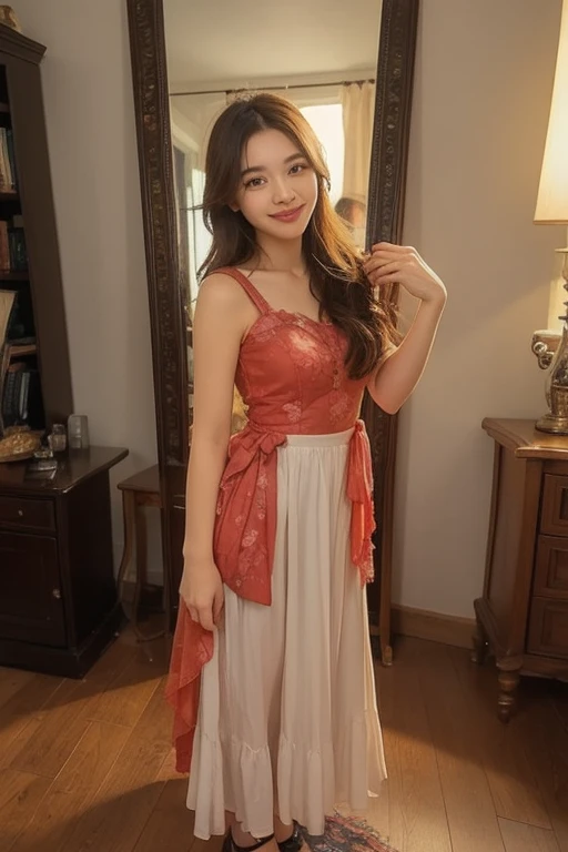 Create a realistic, UHD, 8K visual of a young korean woman with an pear body shape standing elegantly in a beautifully decorated room. She is wearing traditional Indonesian attire, consisting of a white lace fitted kebaya with v deeps cuts showing her bare larged-size chest, a batik sarong with intricate patterns, and a brown scarf draped over her shoulders. Her long hair cascades over her shoulders, and she wears a delicate smile, exuding grace and poise. The background includes a round mirror with wooden accents, a green door, and a painting of a man in traditional attire. There are also indoor plants adding a touch of greenery to the room, and the yellow tiled floor complements the warm and inviting atmosphere. Describe the setting, her attire, and the cultural significance of her clothing and surroundings
