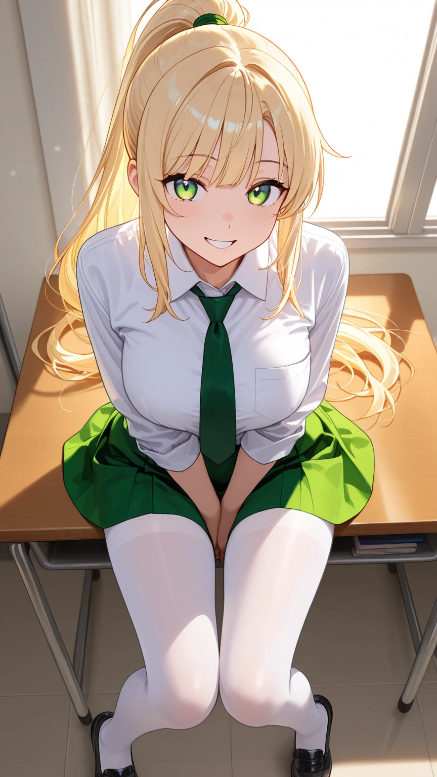 (masterpiece:1.2, best quality), (real picture, intricate details), 1lady, solo, upper body, showing legs, spread legs, legs spread, open legs showing panties, sitting down, school, school settings, long hair, minimal makeup, detailed face, evil smirk, evil expression, mean, really long light platinum blonde hair, bangs, hair between eyes, green eyes, big plump breasts, big ass, SFW, clothes, bare thighs, thighs, no pants, bare legs, oversized hoodie, hoodie, bare legs and hoodie, hoodie and bare legs, (school classroom), (school), (mean smile), (mean girl), (spread legs), (open legs)