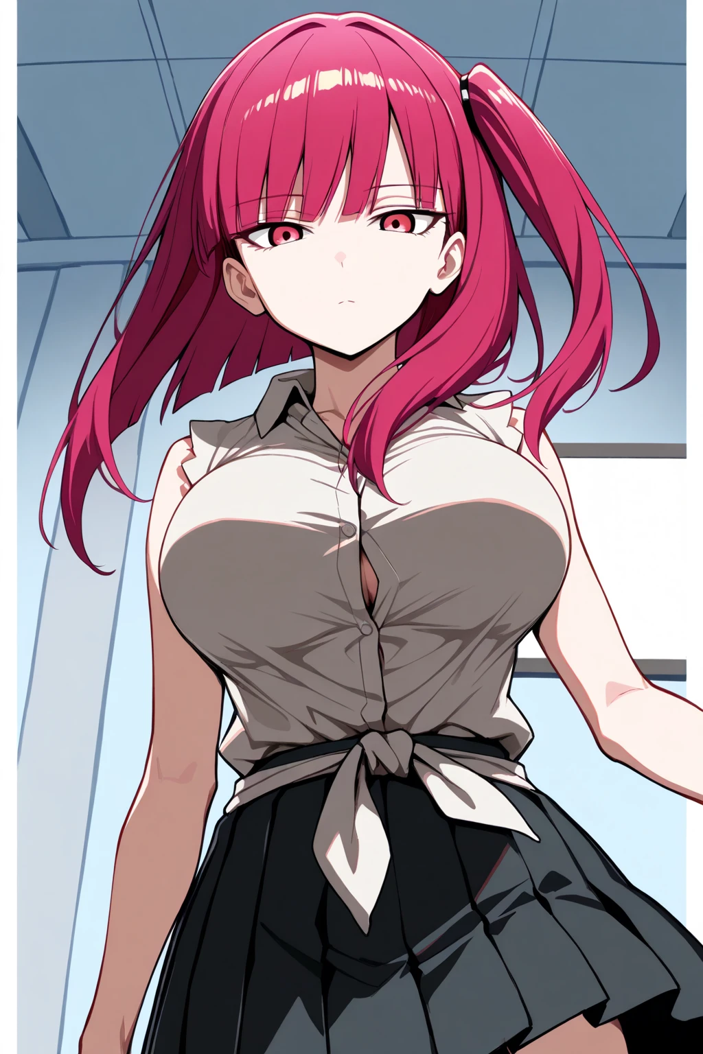 pink hair, long hair, red eyes, large breasts, serious, black dress, strapless dress, short dress, sleeveless, <lora:Arkeus:0.7>