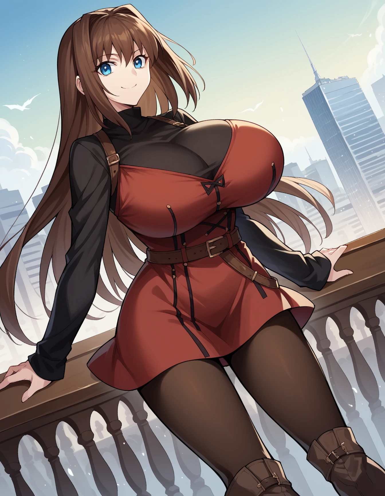 A Cute Overwhelmingly Sexy/Thick Young Girl, ((Extremely Excessively Plump)), Incredibly Overwhelmingly Huge Extremely Thick Thighs, (Incredibly Extremely Enormous Buttocks), (Overwhelmingly Large Breasts), (Long Dark-Brown Hair), Beautiful Blue Eyes, ((Incredibly Tight, RED Dress, with Black shoulder straps)), big cleavage, ((Very Tight, Short Black pleated Skirt)), (sitting on the ground), with an embarrassed expression, and a cute Embarrassed smile, Absurdly Extremely Overinflated thighs, Excessively Over-Exaggerated Thighs, she is very embarrassed by her Unreasonably Excessively Oversized thighs and breasts, Ultra-Massive Anime Thighs, Looking at camera, ((Extremely Overdeveloped/Overinflated thighs and breasts)), with a city park in the background,