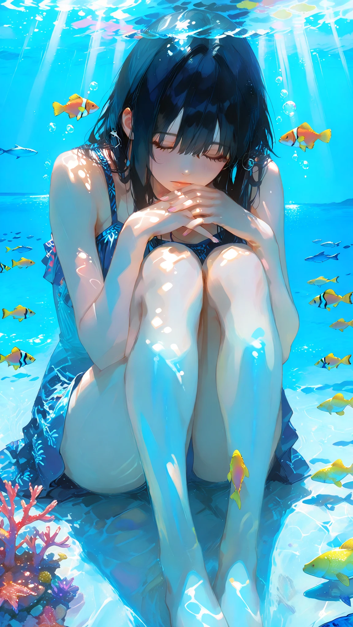 in 8K、top-quality、masterpiece、ultra-detailliert、Ultra-high resolution、The corals、a lot of small fish、1 female、Red face、underwater photo、foam、Medium chest、fullnude、No Underwear、Swimming