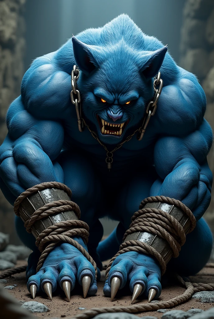 sweaty, muscular, shirtless, dark basement, cage, anthropomorphic, chest hair, serious face（Scar on face） Mature （Blue eyes）Huge muscular torn abs wild wearing nipple rings and collars prisoner collar linked to chains ambitious black lion