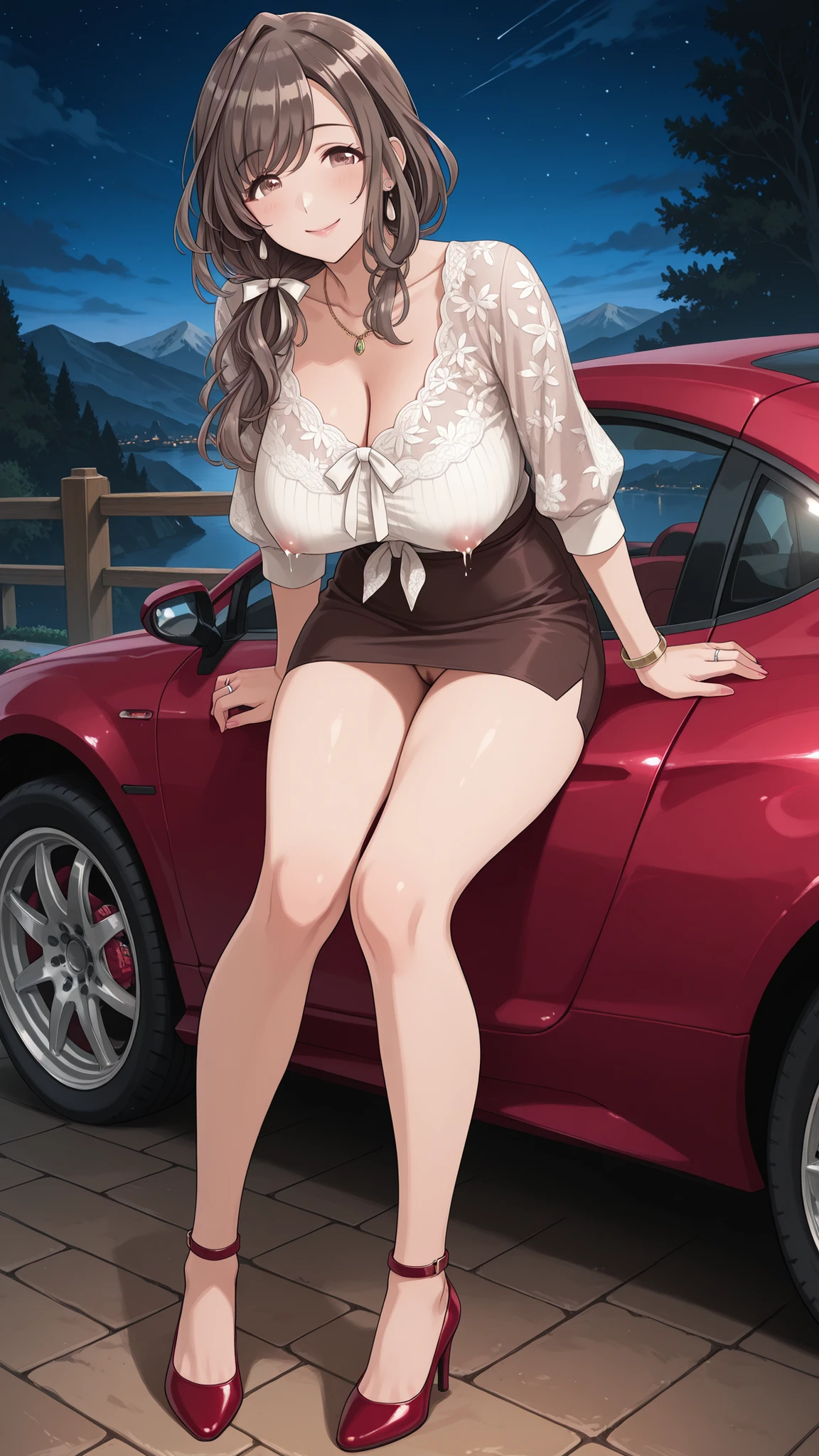 masterpiece, top quality, Full Body,low angle,1girl, A beautiful woman with a petite body_Women are 160 cm tall,Tsukioka Kogane , 美しいMature Woman女性,The beautiful woman is married and the mom of 5 sons,Beautiful Glossy Skin , dark brown hair, wave hair, long hair, low ponytail,brown hair, dark brown eyes, Beautiful Eyes, long eyelashes, full lips, beautiful lips, Attractive lips, Wedding ring on woman's left ring finger,necklace,earrings,choker,anklet,white sukesuke blouse_braless,Wide Open Chest,very short pencil skirt,Vagina is visible in the cafe's private room_No panties,Red Sexy High Heels , (美しいbig boobs), Seductive Full Breasts, big boobs,seductive cleavage, Beautiful Breasts,erect nipples, Breast Milk Overflowing from Her Nipples,seductive thighs,his legs spread out to show his vagina, Mom sees a middle-aged man with an ugly perverted face, Sensual Expression, Beautiful appearance, Expression Like a Witch, friendly look, Adorable Looks, gentle smile, half-closed eyes, I blushed a lot., Night mountain pass, simple night mountain path background, 2人の中年男は魅惑的なママをcarのボンネットの上に押し倒してセックスをしています, Adult, Mature Woman, (wife's clothes)car(metallic blue Nissan S30 Fairlady Z)woman leaning on the hood。背景はNight mountain pass,Behind it is a beautiful night view and a sky full of stars。