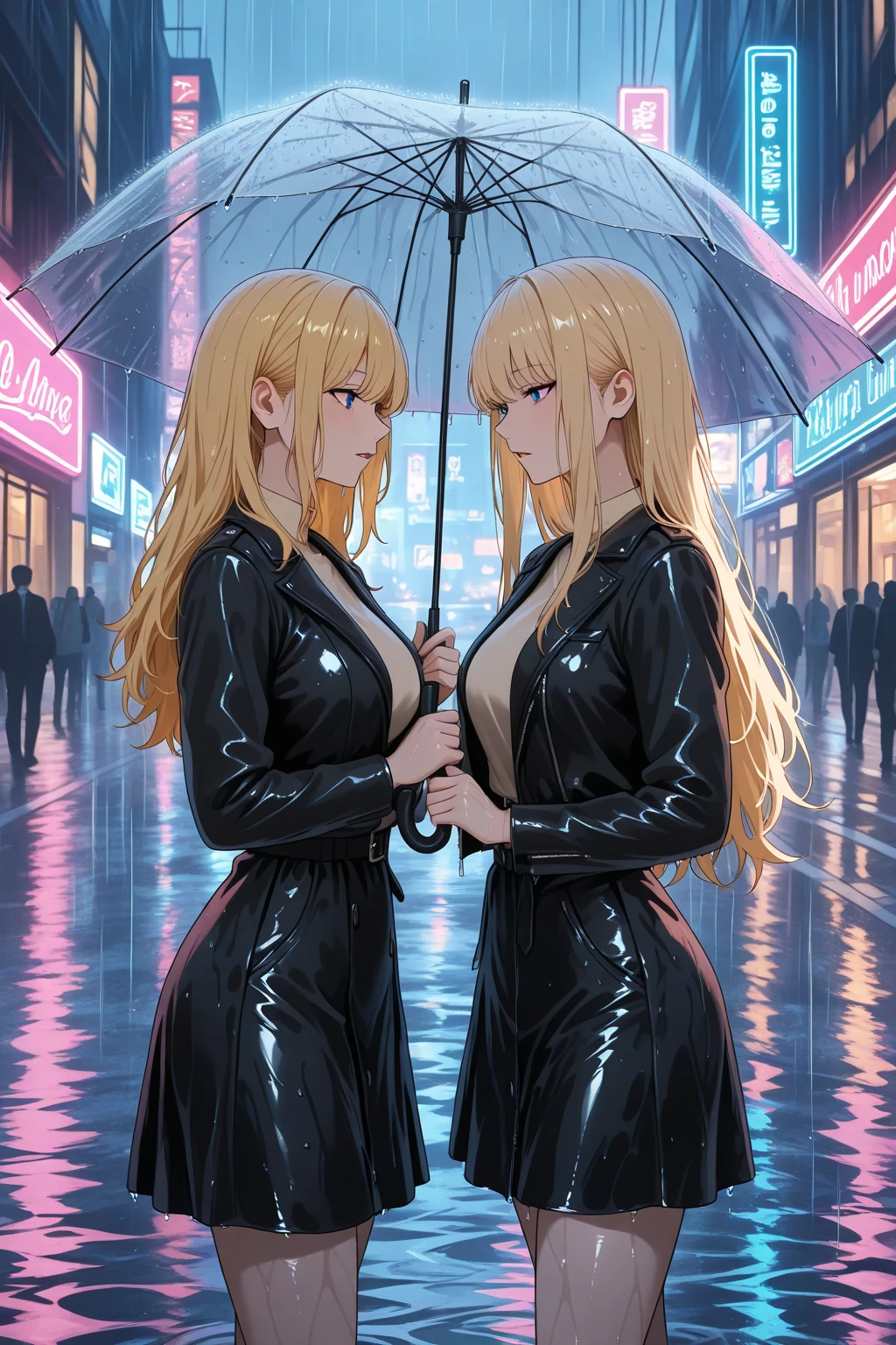 (((Adult woman))), pink eyes, long blonde hair, black sexy dress, water