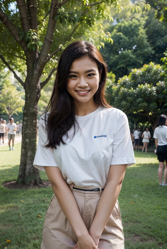 image of an Indonesian female high school student, 8k very detailed full body, sweet smile, wearing a high school uniform, white and gray, sitting under a banyan tree in the school yard