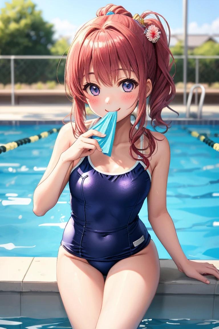 best quality, insanely detailed, nino nakano, one piece swimsuit, breasts, blush, Spread legs, swimming pool, back style