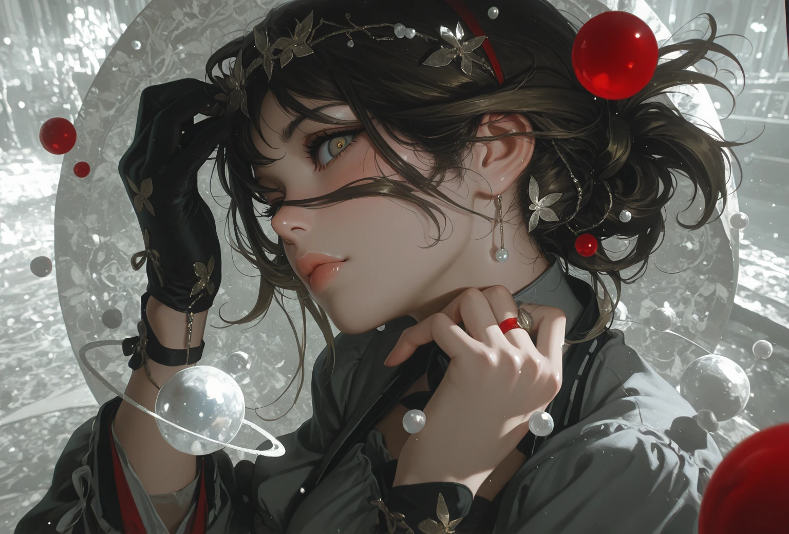 Diana a beautiful woman from the city, short black hair with an hourglass in her hands, sand clock
