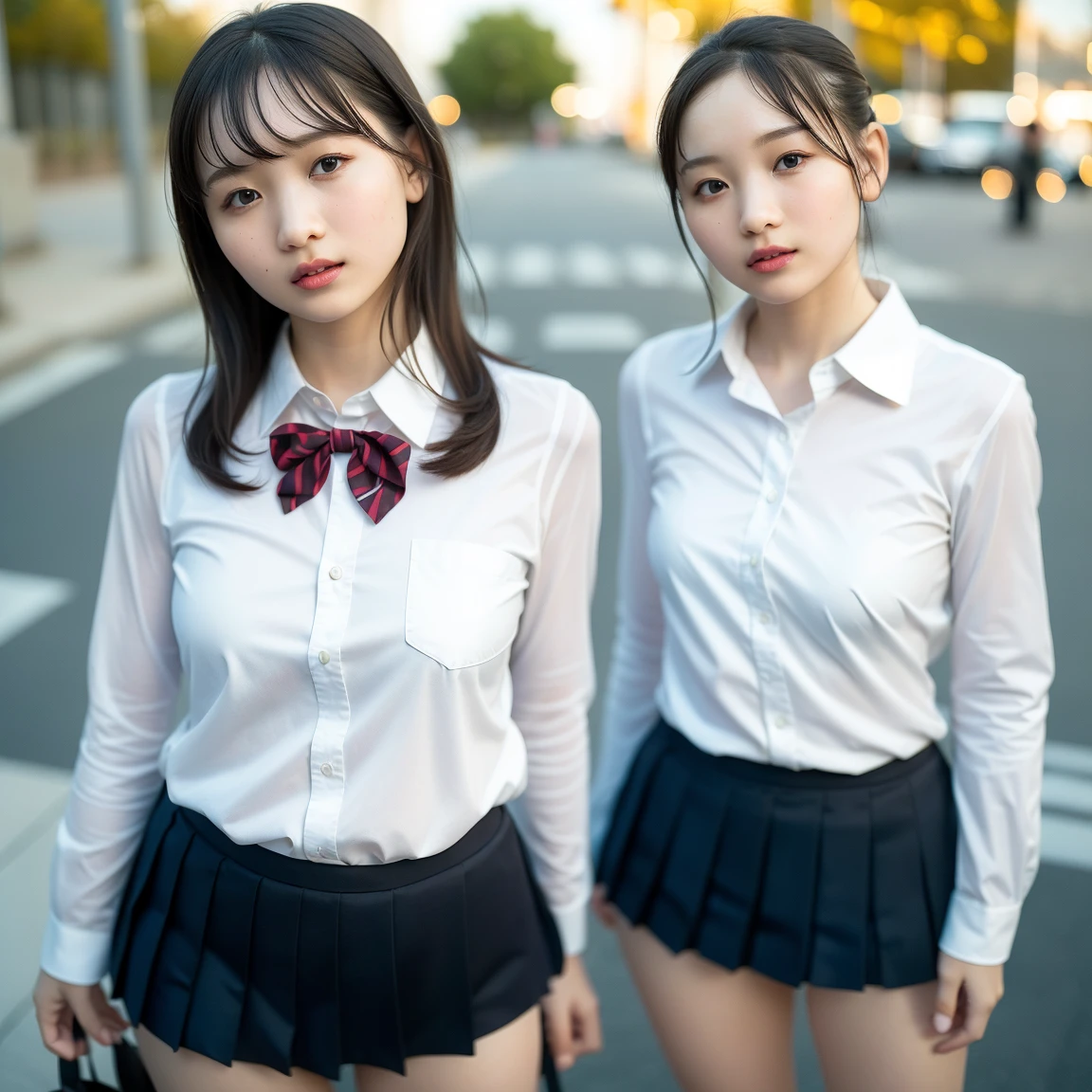 Photorealistic, real photo, god rays, wind, rain, ,two girls, choker, classroom, bending over desks, spreading ass, pleated plaid skirt, button down shirt, school, skinny, teasing viewer, freckles, body freckles, natural skin texture, tiny breasts, puffy nipples; pulled down panties, thigh highs, cleavage, science fiction, rooftop, city skyline, neons, windy, skirt lifted by wind, reveal skirt