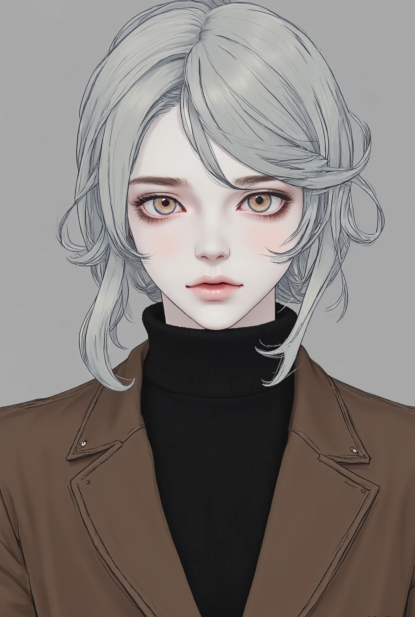 Boy, doll, silver hair, gray eyes, sharp cold features, pale white skin, light pink lips, handsome, perfect, wearing a black sweater, brown formal jacket, accurate art, bright and clear colors, high quality resolution .