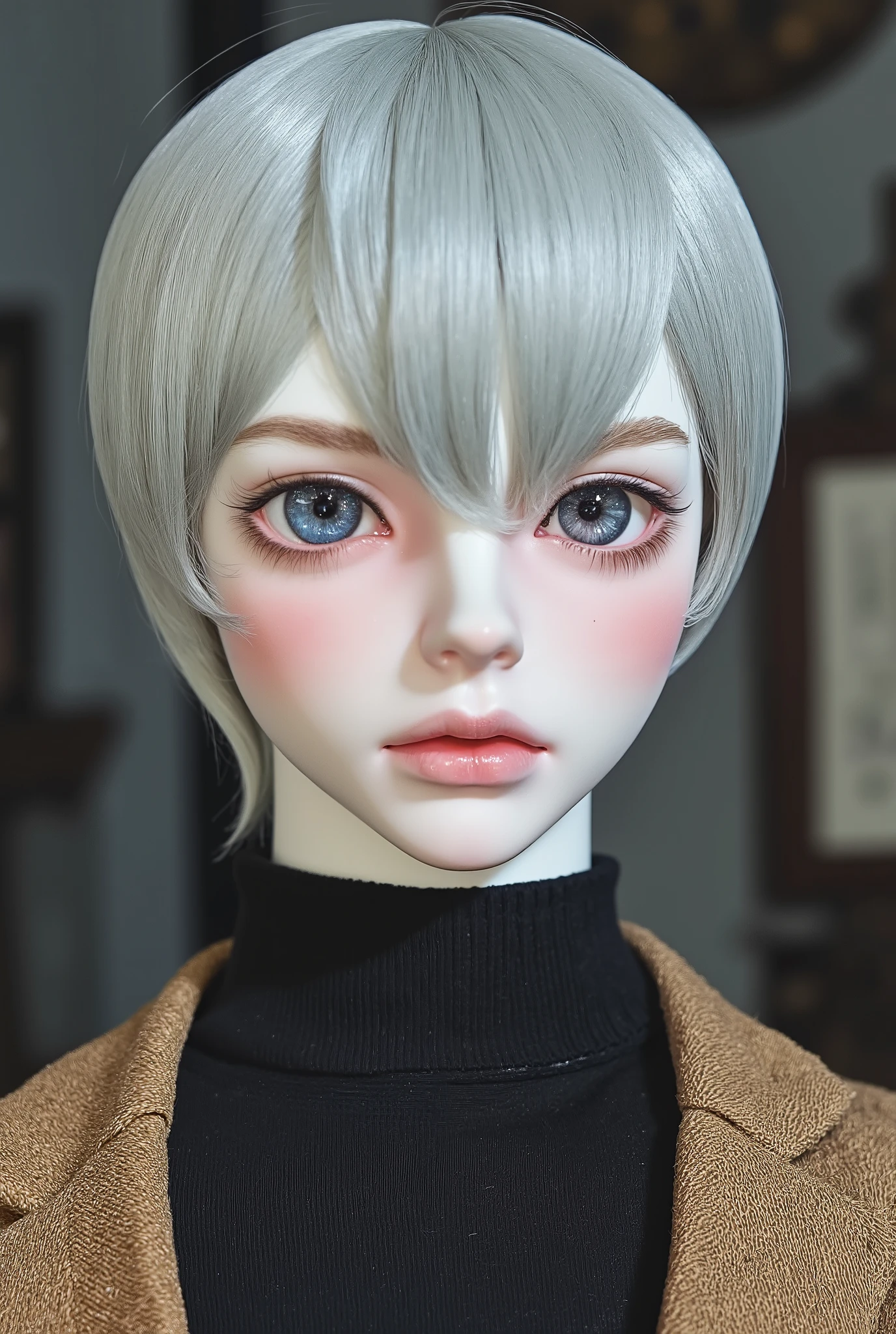 Boy, doll, medium-length, dropped silver hair, gray eyes, sharp cold features, pale white skin, light pink lips, handsome, perfect, wearing a black sweater, brown formal jacket, fine art, bright and clear colors, high quality resolution .
