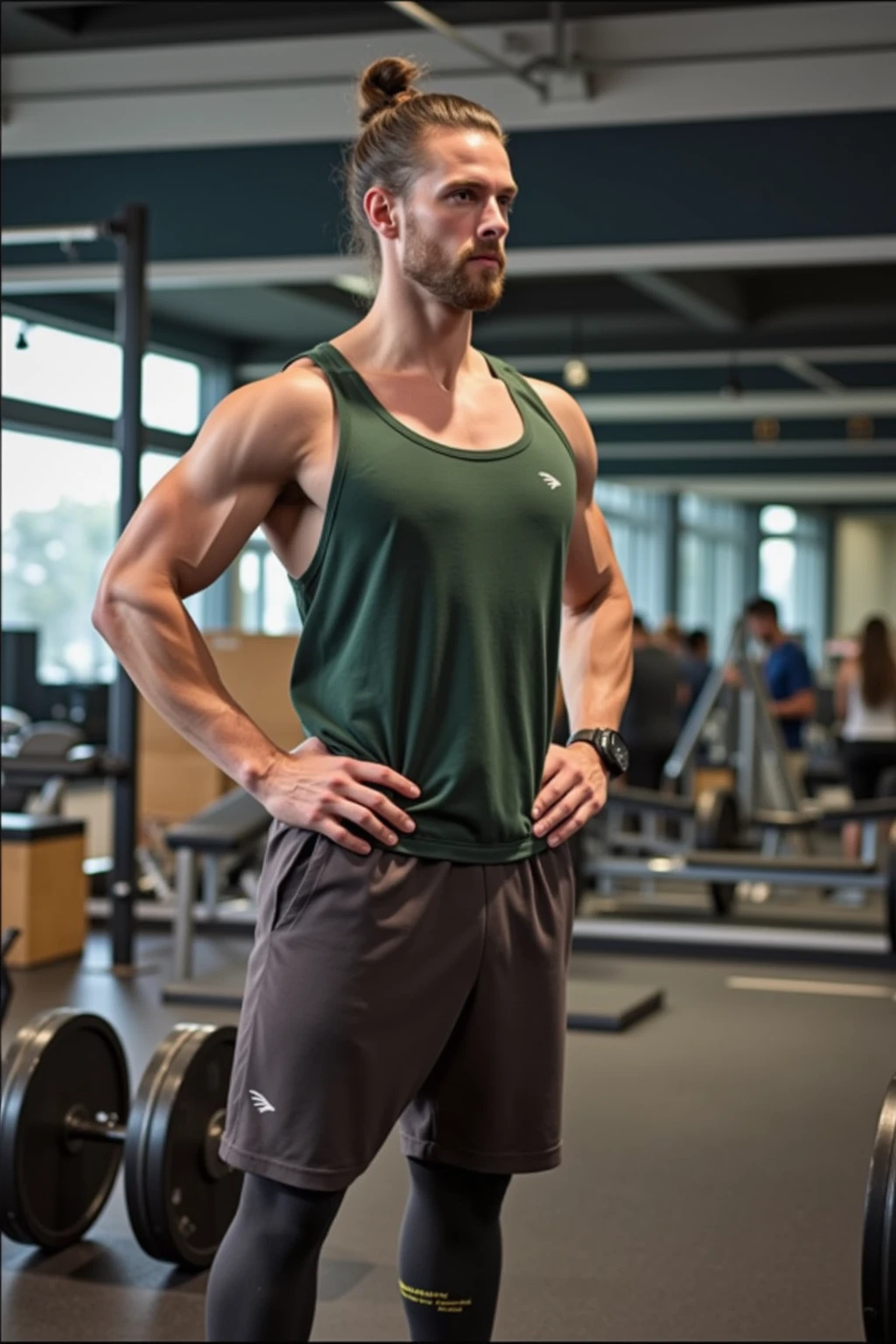 32k,high quality,  solo man ,hunk and handsome mature man, Stephen AMELL in mid fourties shirtless , wearing a dark green shorts and shoes , showing his muscles and bulge  , in a gym doing dumbbells, 1 man show