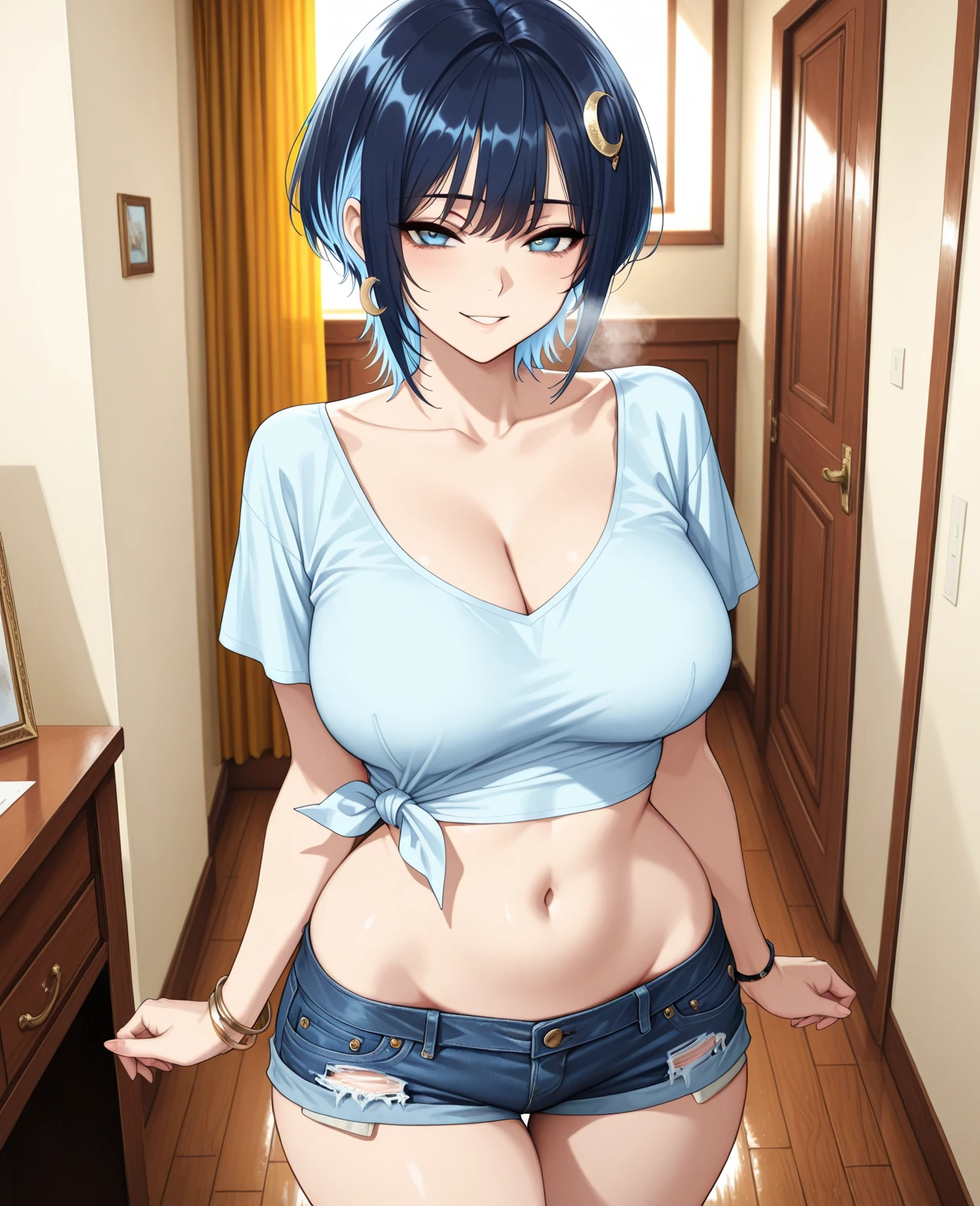 Highschool dxd, Xenovia, 1girl, (((bimbo))), short blue hair, yellow eyes, puffy lips, painted lips, thick lips, wide hips, thick thighs, huge ass, revealing cleavage, erotic, Smile face, bubble butt, camel toe, Breasts, blue jeans, bra,