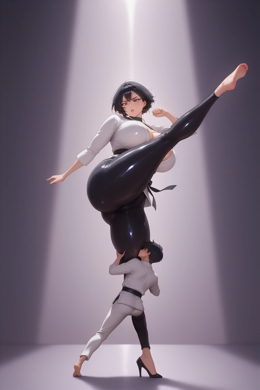 (back view behind the girl), butt, big butt, (1girl), solo, Maid outfit, looking at viewer, full body, ass, meme, top-down bottom-up, (flexible), jack-o' challenge, hands on ground, spread legs, facing the audience, ass up, (masterpiece,best quality:1.5)