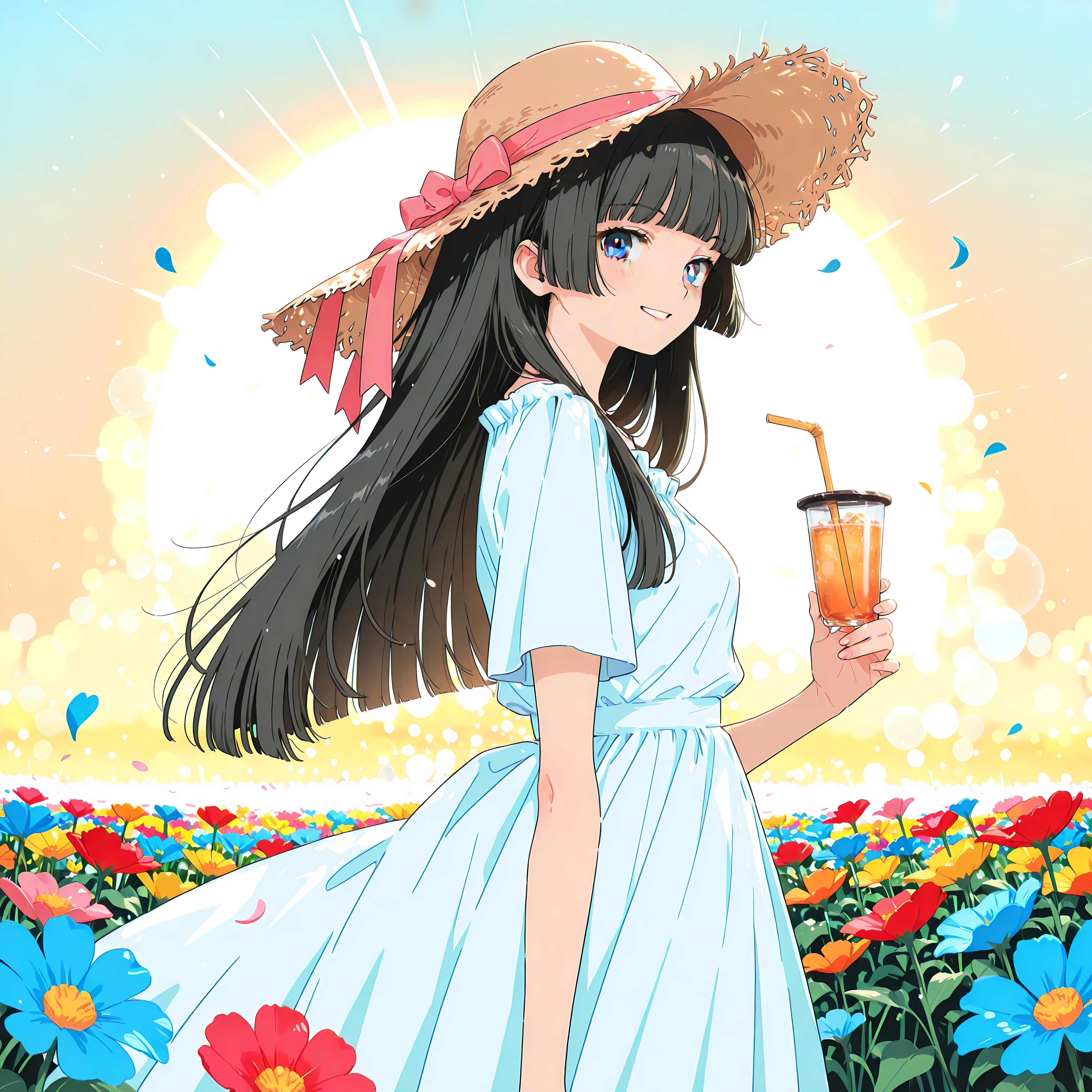 (masterpiece, best quality, ultra-detailed, anime style, cinematic lighting, dynamic composition, shallow depth of field, lens flare), a beautiful teenage girl with long black hair in hime cut, slightly drooping blue eyes, fair white skin, wearing a soft white fluttering one-piece dress, a straw hat with a ribbon, holding the hat with one hand, turning back with a bright smile, standing in a colorful flower field, petals floating in the wind, golden hour light, rim lighting on her face, warm sunlight, natural skin tone, soft glow, focus on the girl, black hair, long hair, hime cut