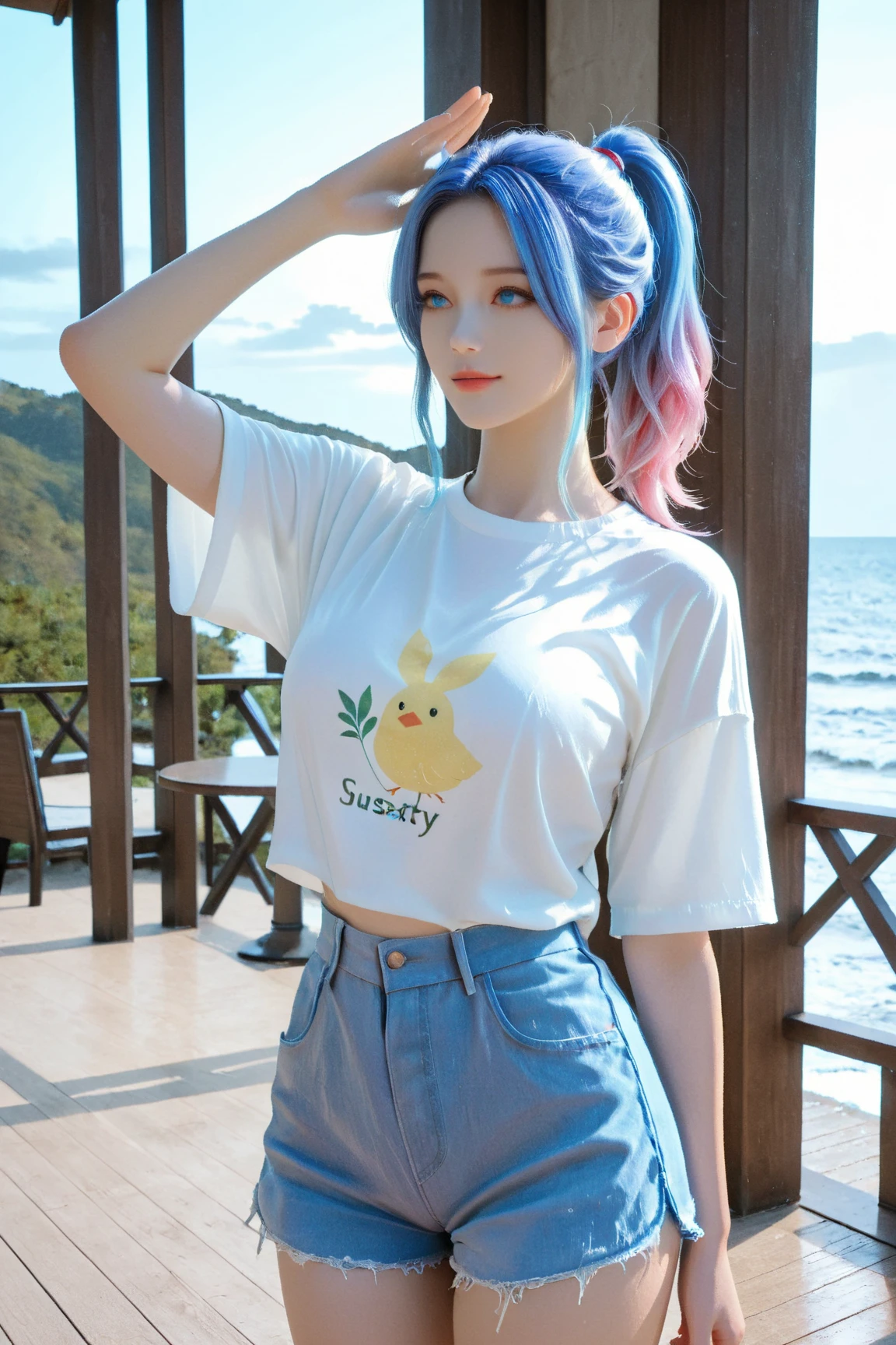 a teenage girl, wearing headphones, There is no one else in the background, Beautiful features, big eyes, wearing sunglasses, high nose bridge, sexy lips, cute earrings, sexy body, 9 heads, golden ratio, Bangs, Slightly curly wavy hair, light pink hair, high chest, Pink print T-shirt, denim hot-pants, canvas shoes, Retro Style, 90s style, Nostalgic style, comic style, Magazine cover Pikachu T-shirt Pikachu shirt big bust mid-waist, A very beautiful girl,light blue hair,A busy street in the background,Du Qiong,Anime 5 sleep,image,under art,The breasts are big and beautiful,Super big breasts,Chest tightness,tight clothes,Wearing a light blue tight T-shirt,Various light blue dresses,Square pedestrian street,Ray tracing,bright,It's drizzling,Upper body close-up,