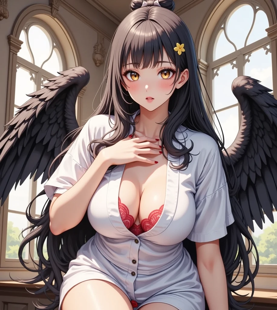 (((white angel wings))),Very detailed、highest quality、Best image quality、masterpiece、8k、Anime Face、A kind smile、Open Mouth、((black long hair:1.5))、big breast, sexy、 beautiful body 、Cowboy Shot, Sexual Intercourse, ((green eyes)), hotel bedroom, (((white lingerie))