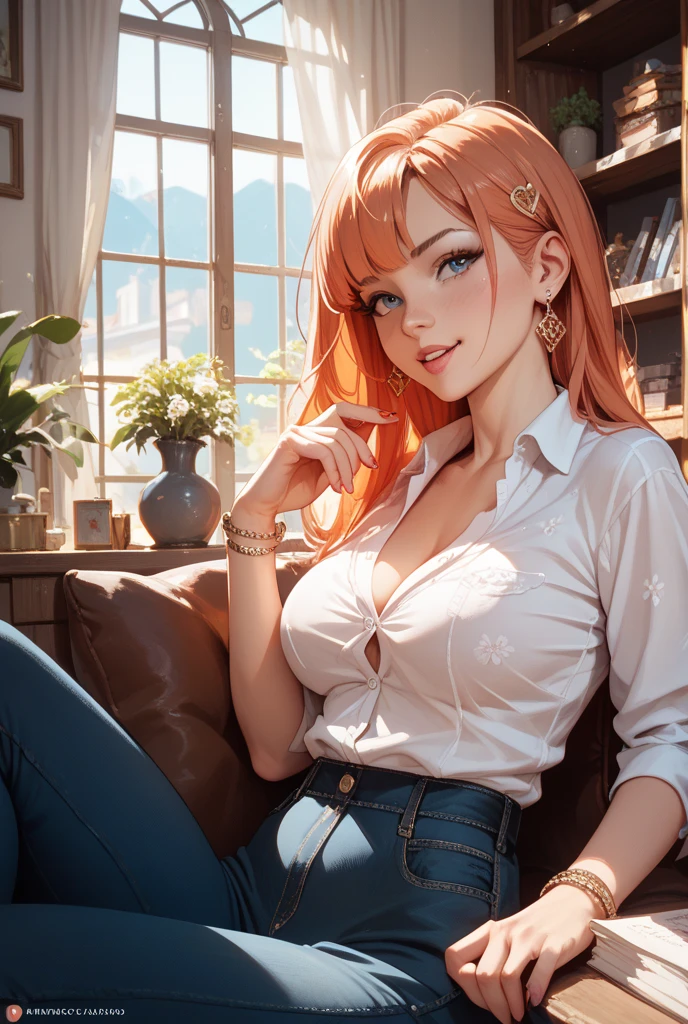 1girl, female elf, short red hair, blue eyes, curvy body build, white long button up shirt down to hips, sitting on leather sofa by balcony, legs crossed one leg over the other, seductive smile, seductive pose