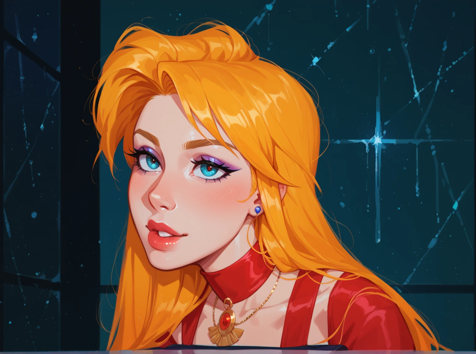 Close-up of a woman with colorful hair and necklace, anime girl with cosmic hair, Rossdraws' soft vitality, Guvez style artwork, fantasy art style, colorful], vibrant fantasy style, Rossdraws cartoon full of vitality, cosmic and colorful, Guweiz, colorful digital fantasy art, stunning art style, beautiful anime style, full body lighting, skin brightening, sexy expression