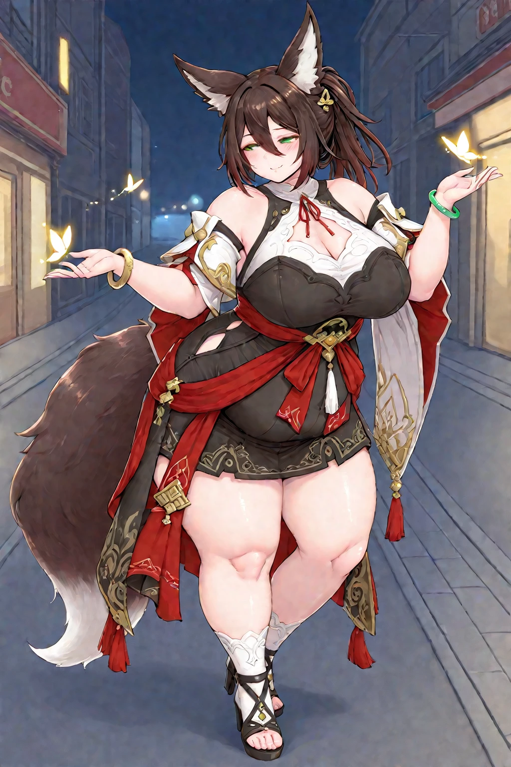 tanuki girl,big breasts,fur dress,big fluffy tail,illustration,extra detailed fur texture,realistic shading,vibrant colors,soft lighting