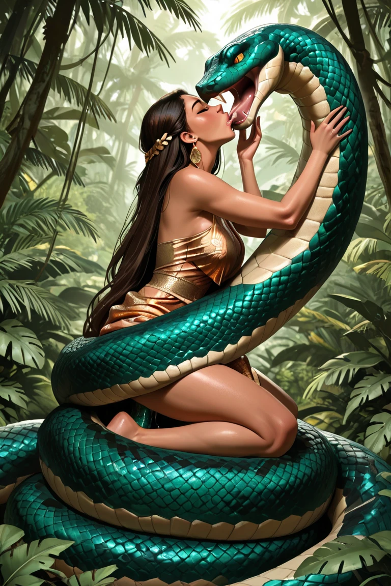 Pregnant Happy Horny, aroused 1girl), beautiful kneeling young Indian teen Shanti with giant colossal Kaa monster squeezing her hard, wrapped in thick spiraling coils, constricted, struggle, gasping for air, snake attack, snake peril, jungle book