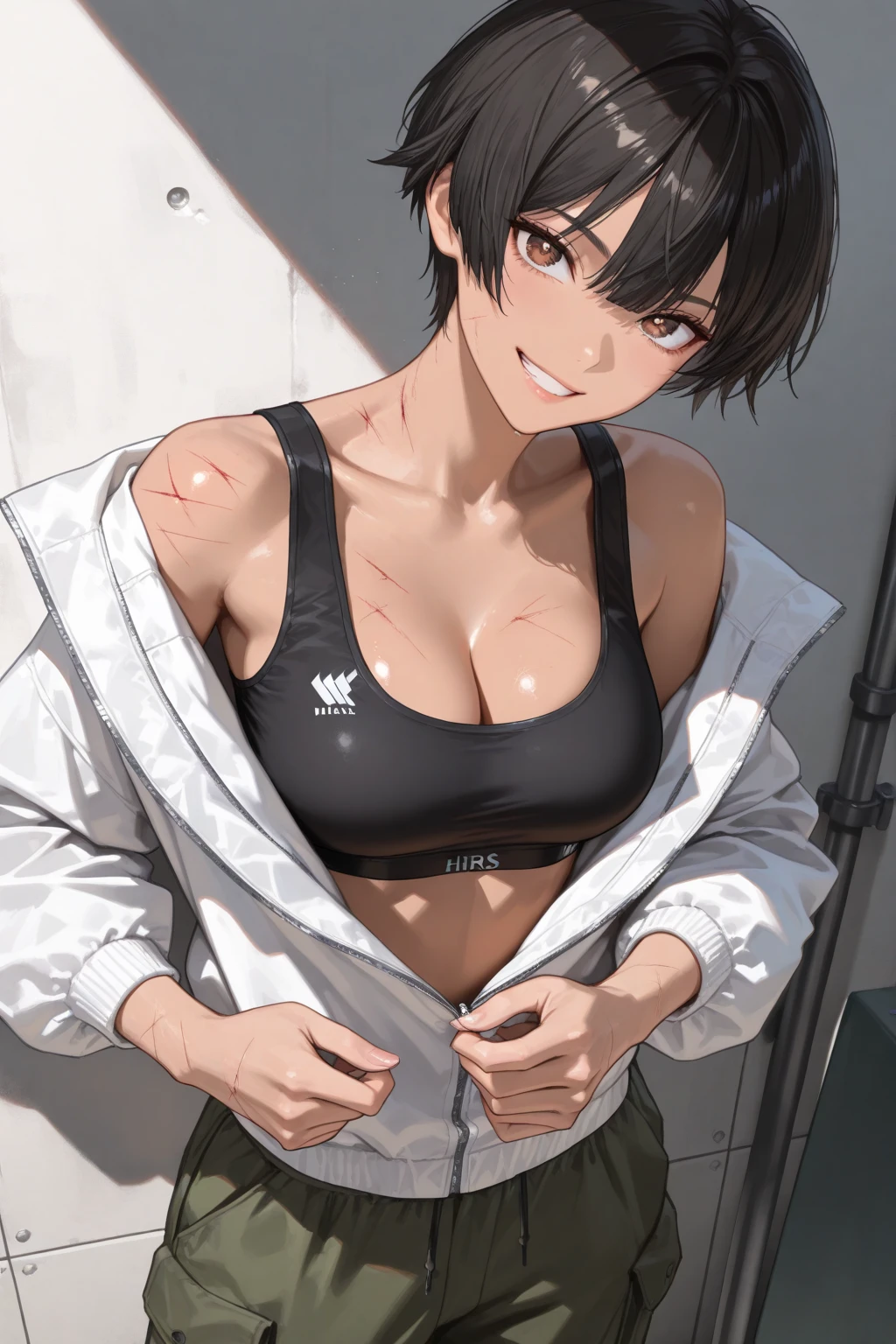 (best quality:1.3), (4k quality), Mikasa, ((Detailed face)), (blush), Mikasa, black short hair, grey eyes, ((detailed face)), perfect face, highly detailed eyes, masterpiece, absurdres , (intricate details), (colorful),cinematic lighting,extremely detailed CG unity 8k wallpaper , 1girl, solo,mature female, looking at viewer, wet body, erected tits, sports bra, sports thong, locker room, kneeling with spread legs and touching her tits, naughty smile, from behind