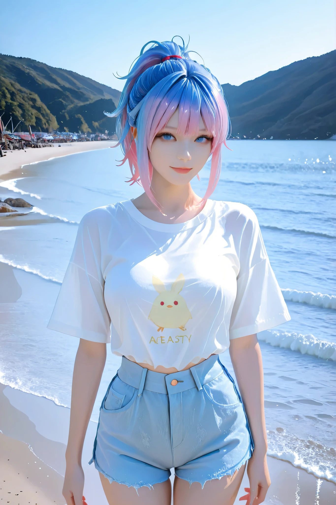 There were women with blue hair, half ends, pink hair and blue eyes, and a tight white loose-waist T-shirt and yeasty shorts on the beach., Hair tie,ponytail,Horse hair,Anime style. 8k, realistic 3d anime picture, Anime styled 3d,  Realistic art style , realistic art style, Chic poses, clothes with reality, Inspired by Sim Sajong,  Popular on cgstation , photo Realistic art style , Realistic 3D character,  3D anime realistic ,Dynamic angle