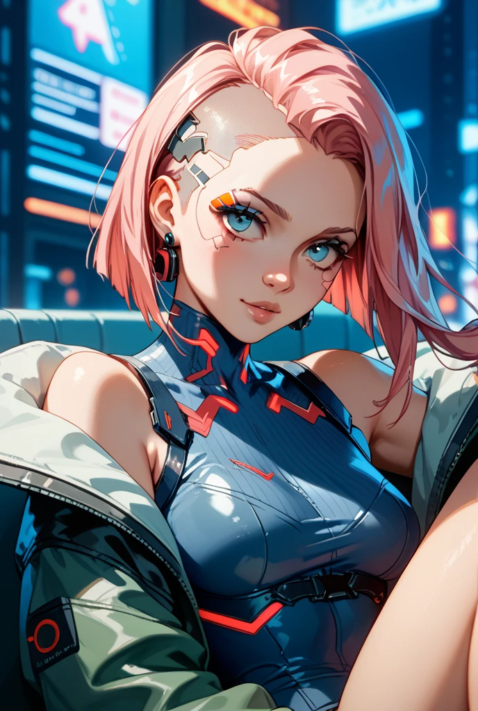 4K, A high resolution, Best quality at best, masterpiece, perfect colors, perfect shadow, perfect litthing, ((sportrait)), 1woman, fit body, heterochromia eyes,dark blue hair , blue eyes, With round lenses, The audience watched carefully, (s face: 1.2), Perfect female figure, ((dynamic pose)), ((pink Tight crop top pink leather suit)), ((shy and looking at viewert)), (Perfect thick white eyebrows) Delicate fur, 详细s face, s the perfect face, , (dynamic pose), cyberpunk abstract background, ((Bonifasko lighting)), (The round lenses on his eyes)(detailed eyes), Perfect student, ((face close up))