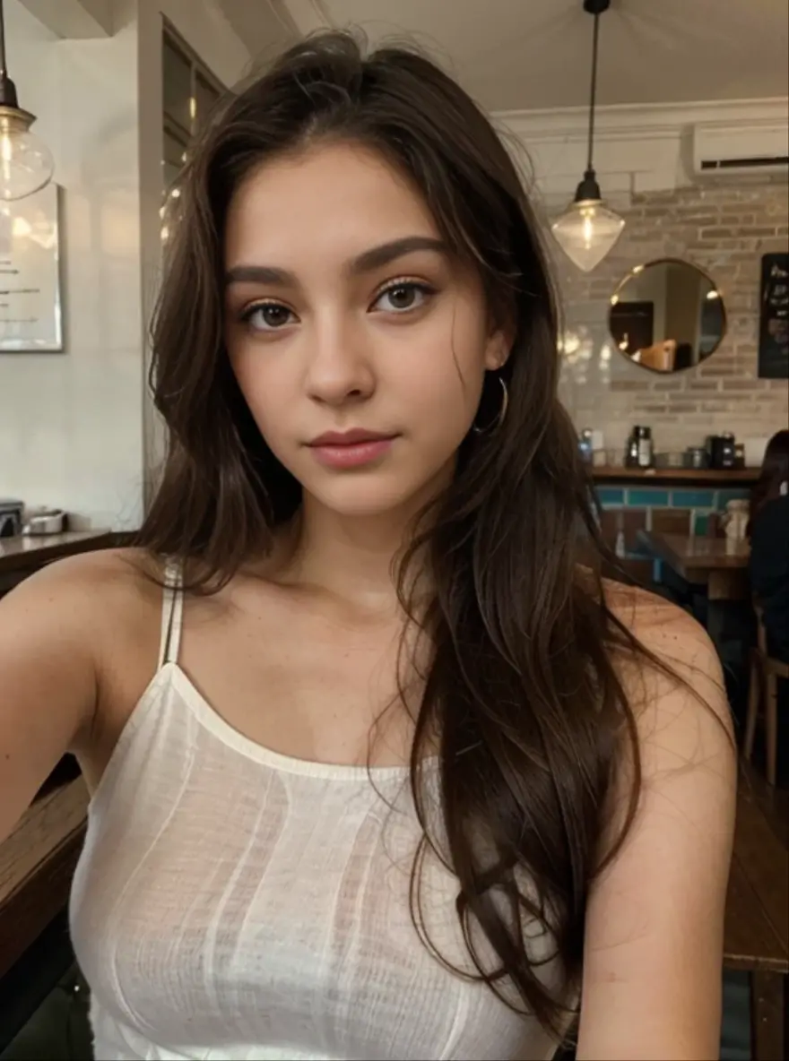 Photo of a 20 year old brunette woman, that has a very natural face, thin lips, thin eyes, thin eyebrows, thin nose, earrings, long eyelashes. She makes a cute selfie in a cafe