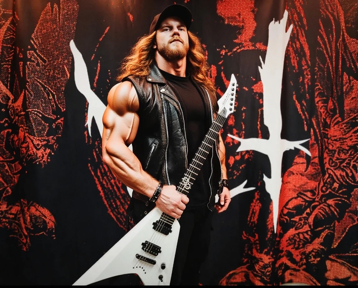 Blonde muscular man, 35 years old, dark blond beard, playing black guitar, tattooed on his left arm, a city in the background