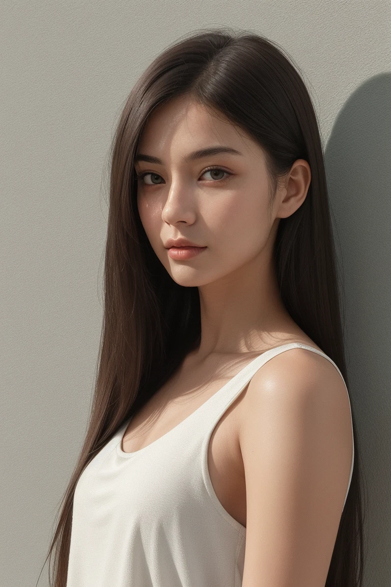 ((top-quality、8K、masterpiece:1.3))、1girl in、Beautiful woman emphasizing slender abs:1.3、(Random Hair Styles:1.2)、Oversized tank top:1.2、Super Detailed Face、detailedeyes、二重まぶた、One Woman、inside in room、portlate、with a pure white background
